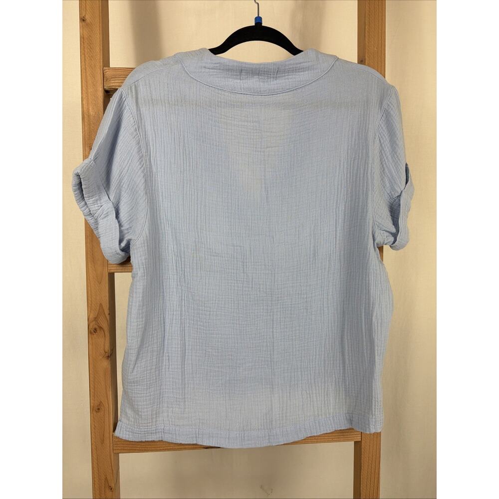 NWT Dear John Blue Short Sleeve V Neck Oversized Gauze Top #1189 Size SM - Picture 3 of 4